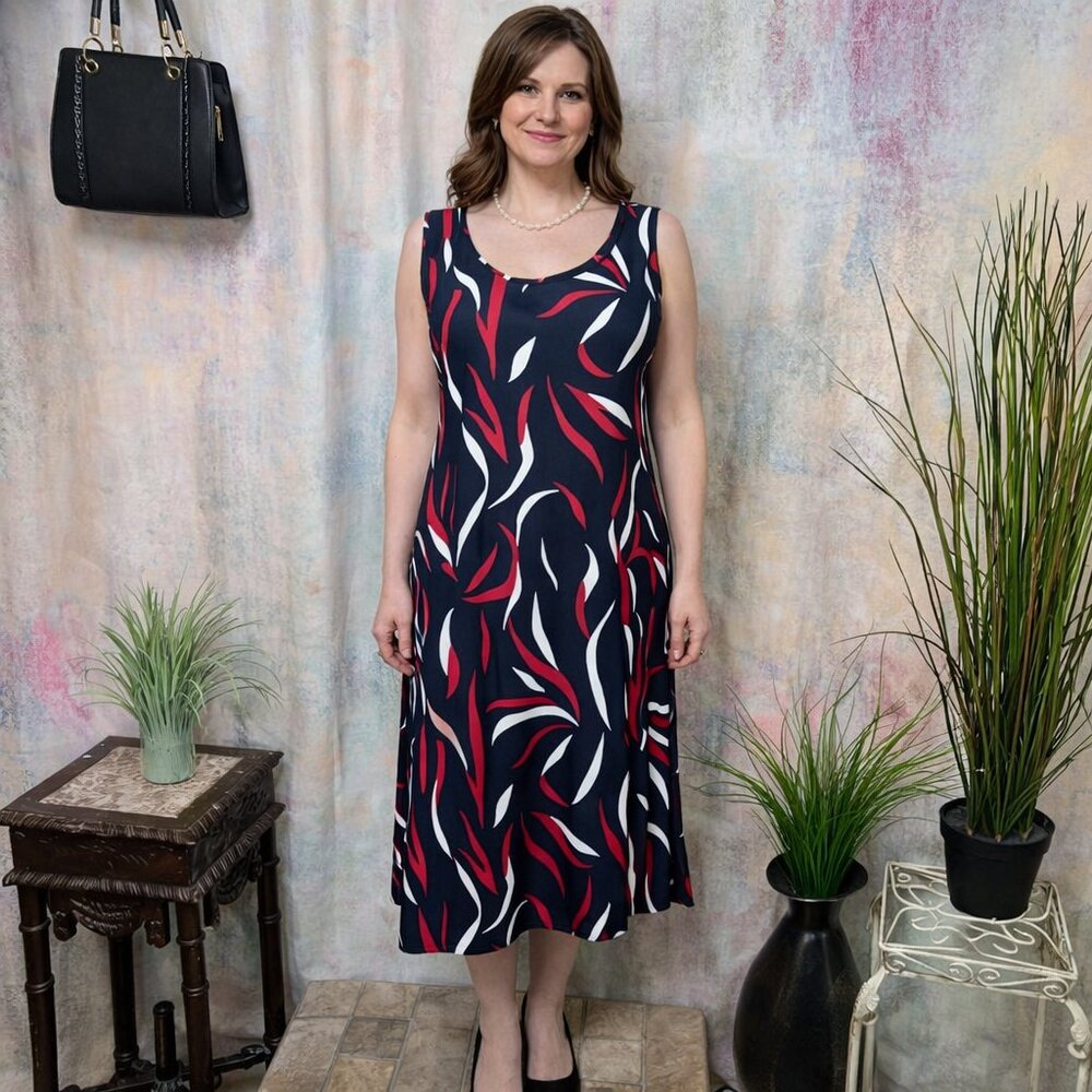 📌Barisal Blue- Red- White A-Line Sleeveless Pull On Midi Dress